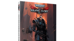 A physical book titled "Adventures in Gilead" for Warhammer 40,000 Roleplay: Wrath & Glory is prominently displayed, featuring a striking cover illustration. The cover depicts a heavily armored character wielding a large hammer, standing in a dark, ominous environment filled with shadowy figures and gothic architecture. The title and logo are clearly visible at the top, with the subtitle "Adventures in Gilead" featured prominently at the bottom.