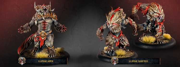 Two Lupine Shifted werewolves are depicted in the image, showcasing their fierce and muscular forms. Each werewolf has a distinctive fur pattern, with shades of brown and cream, accented by red markings on their faces and bodies. They stand on textured bases adorned with tufts of grass, emphasizing their wild nature and connection to the Old Umbrey region.