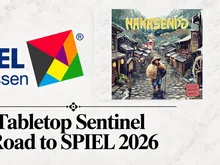 A colorful geometric logo with the text "SPIEL Essen" in blue. Beside it, a game box cover titled "Nakasendo" showing a person in traditional clothing walking down a narrow street with wooden buildings, lanterns, and a torii gate in the background.