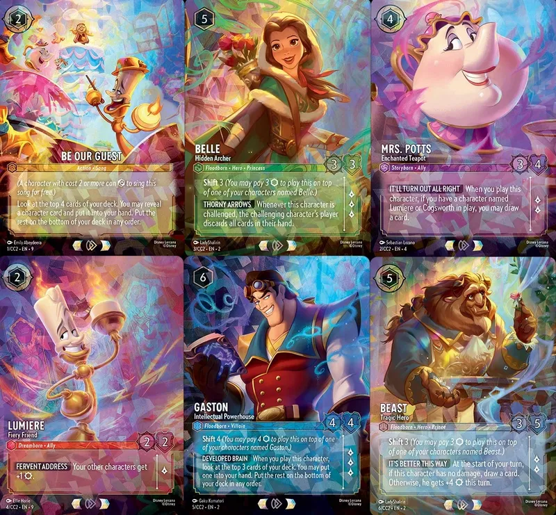 Belle, Mrs. Potts, Gaston, Beast, Lumiere, Cogsworth Disney Lorcana cards