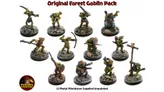 A collection of twelve unpainted metal miniatures representing forest goblins, each standing on textured bases with rocky and earthy details. The goblins display a variety of poses and weapons, including bows, swords, and staffs, showcasing their distinct character and attire. The text "Original Forest Goblin Pack" is prominently displayed at the top, along with a note indicating that the miniatures are supplied unpainted.