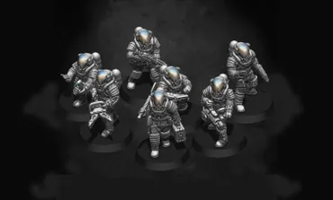 A group of six sci-fi miniatures, each wearing detailed space suits with reflective helmets, is arranged on circular bases. The figures are posed in various stances, some holding weapons while others appear to be gesturing or preparing for action. The miniatures are rendered in a monochromatic color scheme, highlighting their intricate designs and features.