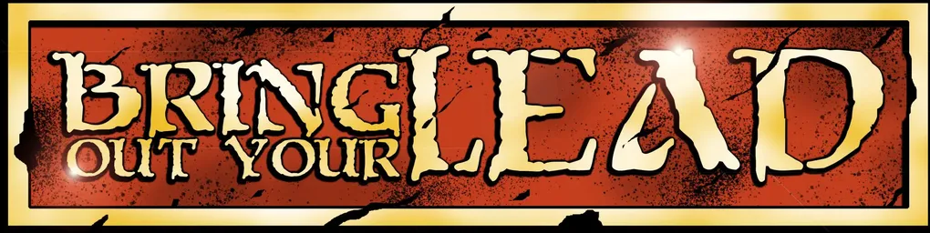 The image features the logo for "Bring Out Your Lead," prominently displayed with bold, stylized lettering. The text "Bring Out Your" is in black, while "LEAD" is in a striking yellow, set against a textured red background with a distressed, cracked effect. The overall design conveys a sense of nostalgia and excitement for the Oldhammer event.