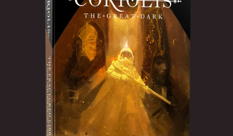 A book titled "Coriolis: The Great Dark - The Fractured Library & Other Tales From the Last Horizon" is displayed against a dark background. The cover features an ethereal illustration of a cloaked figure holding a weapon, surrounded by abstract shapes and hints of celestial elements. The title and subtitle are prominently displayed in bold, white text at the top and bottom of the cover, emphasizing the adventurous themes of the science fiction roleplaying game.