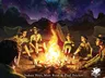 A group of young scouts sits around a campfire, illuminated by its warm glow against a starry night sky filled with swirling cosmic colors. They are dressed in scout uniforms, with tents set up in the background, creating a sense of adventure and camaraderie. The title "CAMPFIRE TALES: SCOUTS AGAINST CTHULHU" is prominently displayed at the top, along with the names of the authors at the bottom.