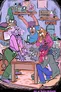 A colorful illustration depicts a group of four young characters gathered around a table cluttered with Dungeons & Dragons materials, including a map and miniatures. The characters display a range of emotions: one character with purple hair looks shocked, another with blue hair raises their hands in excitement, while a third character, a cat-like figure, appears curious. The background features a cozy room filled with various items like books, a vintage television, and plants, creating a lively and inviting atmosphere for gaming.