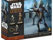 Star Wars Legion boxed set featuring Pyke Syndicate Foot Soldiers. Four miniatures in combat poses: one central figure in armored suit with helmet and blaster rifle, three smaller figures in varied armor. Background shows industrial setting with machinery.
