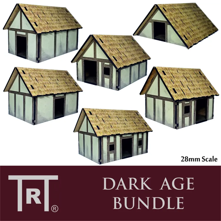 A collection of six 28mm scale MDF buildings designed for tabletop gaming, featuring a variety of styles including houses with thatched roofs and wooden frames. The buildings are shown from different angles, highlighting their detailed construction and design. The bottom of the image includes the text 
