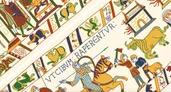 Medieval-style illustration showing a knight on horseback with a raised sword, attacking a foot soldier. Above, Latin text reads "VTCIBVM·RAPERENTVR." Background features heraldic lions, shields, and a castle with battlements.