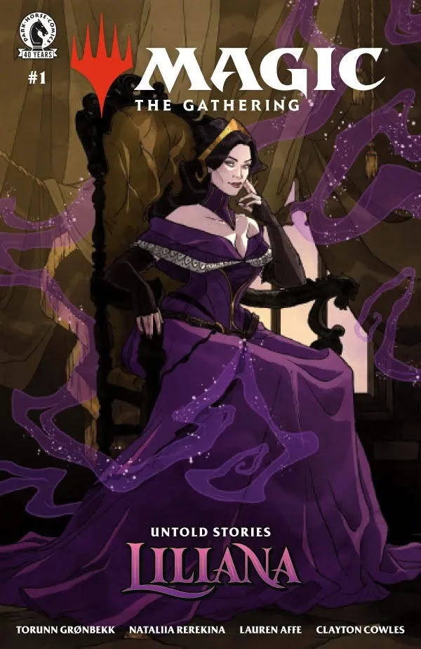 Woman in purple dress with crown, hand on chin, starry background, text "UNTOLD STORIES"