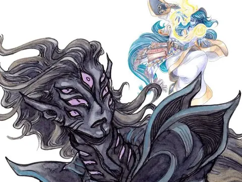 "AT THE GATES" text above a dark figure with multiple eyes and a blue-haired figure holding a book.