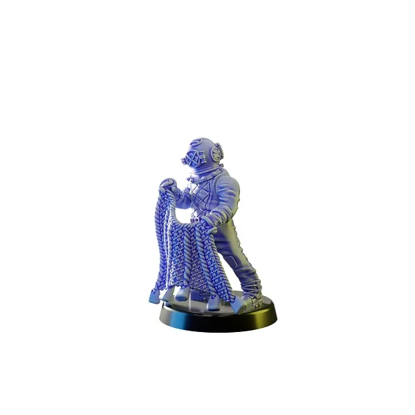Blue diving suit figurine holding a rope on a black base