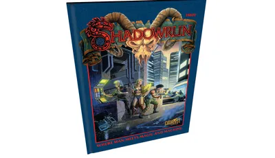 A vibrant cover of the "Shadowrun: First Edition: Anniversary Reproduction" book features a dramatic illustration of a cyberpunk scene. In the foreground, three characters—a woman with a futuristic outfit and weapons, a man with cybernetic enhancements, and another character wielding a firearm—are depicted in an urban environment filled with neon lights and towering buildings. The title "SHADOWRUN" is prominently displayed at the top, accompanied by the tagline "WHERE MAN MEETS MAGIC AND MACHINE" at the bottom, all set against a blue background with intricate circuit patterns.
