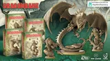 A collection of Dragonbane RPG miniatures is displayed, featuring a large, intricately designed dragon with outstretched wings and fierce details, positioned prominently on the right. Surrounding the dragon are several smaller miniatures, including a humanoid creature and a seated figure, showcasing a variety of fantasy designs. In the background, multiple boxes labeled "DRAGONBANE" are stacked, indicating different sets such as "Hero Set," "Adult Dragon," and "Demons Set," all set against a textured green backdrop.