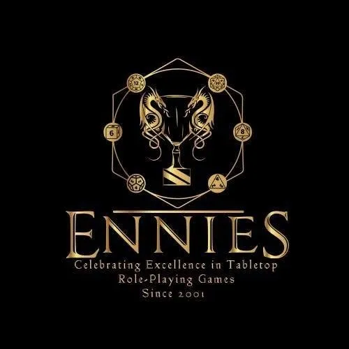 Gold ENNIES logo with trophy, dragons, dice, and text "ENNIES Celebrating Excellence in Tabletop Role-Playing Games Since 2001"