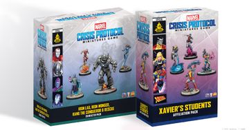 Two character packs for Marvel: Crisis Protocol are displayed side by side. On the left, the "Iron Lad, Iron Monger, Kang the Conqueror & Rescue" pack features a dark box with images of the characters, including a menacing Iron Monger and a sleek Iron Lad. On the right, the "Xavier’s Students Affiliation Pack" showcases a lighter box with illustrations of mutant heroes like Colossus and Nightcrawler, each depicted in dynamic poses. Both packs highlight the miniatures prominently, emphasizing their detailed designs.