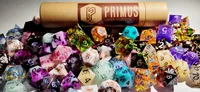 Colorful dice spilled from a cardboard tube, some showing numbers.