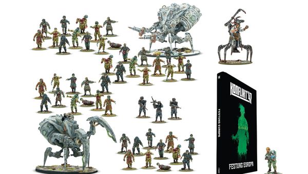 A collection of miniatures from Warlord Games' Konflikt ’47 is displayed, featuring various figures including soldiers, zombies, and mechanical creatures. Prominently featured is the book titled "Konflikt ’47: Festung Europa," which showcases a green silhouette on its cover. Among the miniatures, a notable figure in powered armor and a mechanical creature stand out, highlighting the game's unique blend of historical and fantastical elements.