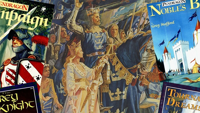 A vibrant illustration features a regal scene with King Arthur, adorned in a crown and royal attire, leading a procession of knights and nobles. Prominently displayed are the covers of various Pendragon books, including "Noble's Book" and "Tournament of Dreams," showcasing rich artwork that reflects the Arthurian theme. The background depicts a castle and banners, enhancing the atmosphere of quest and adventure.
