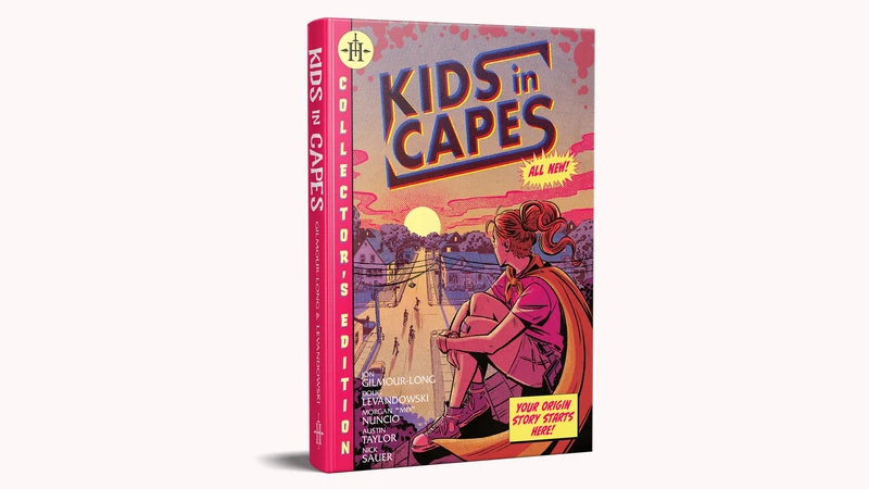 A vibrant book cover for "Kids in Capes" features a young girl with a ponytail, wearing a red cape and a pink shirt, sitting on a sidewalk. The background depicts a suburban neighborhood with houses and trees under a sunset sky. The title "KIDS in CAPES" is prominently displayed in bold, colorful letters, along with the text "COLLECTOR'S EDITION" and "YOUR ORIGIN STORY STARTS HERE!" in bright yellow.