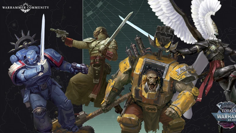 A dynamic illustration features four distinct characters from the Warhammer 40,000 universe. On the left, a Space Marine in blue armor holds a pistol, while a figure in a military uniform brandishes a sword in the center. To the right, an imposing Ork in yellow armor displays a fierce expression, and behind him, a character with a mechanical arm and a large weapon stands ready for battle. The background includes a stylized map, enhancing the sci-fi atmosphere of the scene.