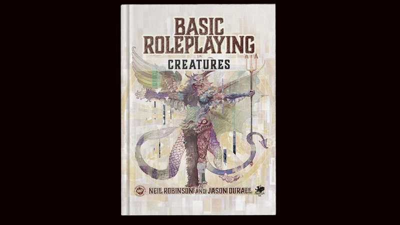 A hardcover book titled "Basic Roleplaying: Creatures" features an intricate cover illustration of a fantastical creature with a mix of human and animal traits, holding a trident. The creature has colorful wings and a detailed, textured body, set against a muted background with abstract patterns. The authors' names, Neil Robinson and Jason Durall, are displayed at the bottom of the cover.