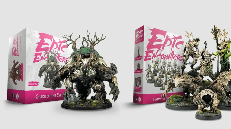 A detailed miniature of a large, menacing creature resembling a twisted tree stands prominently on the left, showcasing intricate textures and features like gnarled branches and a mossy base. To the right, the box for "Epic Encounters: Forest of the Damned" is displayed, featuring vibrant artwork and images of additional miniatures included in the set. The overall color scheme includes earthy tones, emphasizing the forest theme of the release.