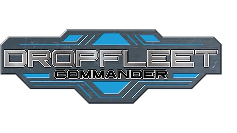 The logo for "Dropfleet Commander" features a sleek, metallic design with a combination of silver and blue colors. The word "DROPFLEET" is prominently displayed in bold, silver letters, while "COMMANDER" is positioned below in a slightly smaller font. The background includes angular shapes and lines that enhance the futuristic and sci-fi aesthetic of the game.