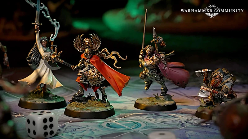 A trio of miniatures from the board game Warhammer Quest: Darkwater is displayed on a detailed game board. On the left, a character in a flowing red cloak wields a staff, while in the center, a heavily armored warrior brandishes a sword and shield, showcasing intricate details on their armor. To the right, a duardin ranger holds an axe and has a backpack filled with adventuring gear, all set against a richly colored background that enhances the fantasy theme.