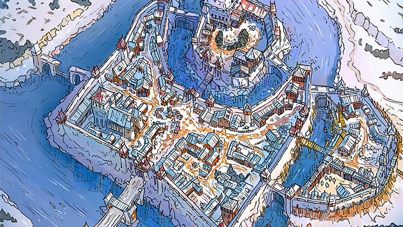 A detailed aerial view of a fictional town surrounded by water, featuring a central castle-like structure with a red roof. The town is composed of various buildings with sloped roofs, arranged in a winding layout, and connected by pathways. Surrounding the town are walls and bridges, with boats visible in the water, suggesting a vibrant community with a mix of residential and commercial areas.