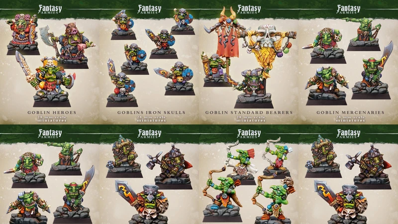 A collection of colorful goblin miniatures is displayed, featuring various character types including heroes, champions, standard bearers, and Iron Skulls. Each miniature is intricately designed, showcasing unique details and poses, with vibrant colors that highlight their personalities. The bottom section includes goblin archers and mercenaries, all presented on 25mm square bases, emphasizing their role in a fantasy warband or army.