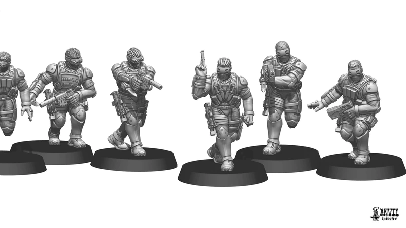 Three sci-fi miniatures are displayed, featuring stealth-suited soldiers in dynamic poses. The figures are equipped with various weapons, including a pistol and an MP7, and wear tactical gear such as body armor and goggles. Each miniature stands on a circular base, showcasing detailed sculpting and design.