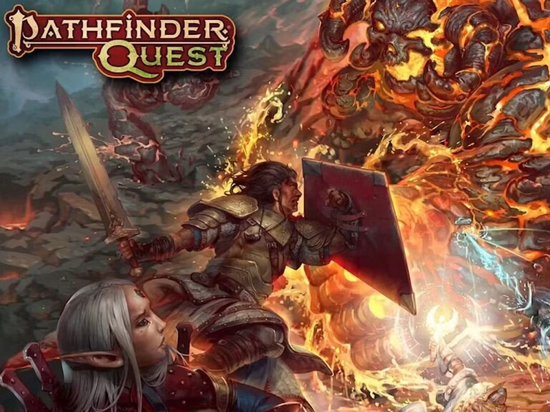 A dynamic illustration features two adventurers engaged in battle against a large, fiery creature in a chaotic, volcanic landscape. The first character, a male warrior wielding a sword and shield, is positioned prominently in the foreground, while a female elf with silver hair looks on, ready to assist. The background is filled with swirling flames and dark, rocky terrain, enhancing the sense of action and adventure. The title "Pathfinder Quest" is displayed at the top in bold, stylized lettering.