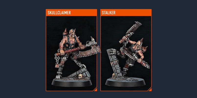 The image features two miniatures from the upcoming Kill Team expansion, Blood and Zeal. On the left is the Skullclaimer, a muscular figure wielding a large, jagged weapon, adorned with spikes and skull motifs, showcasing a fierce expression. On the right is the Stalker, posed dynamically with a weapon raised, standing on a rocky base, emphasizing agility and readiness for battle. Both miniatures exhibit intricate details and a gritty aesthetic typical of the Goremongers faction.