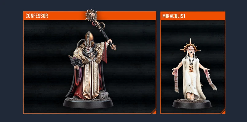 The image features two miniatures from the upcoming Kill Team expansion, Blood and Zeal. On the left is the Confessor, a robed figure adorned with intricate details, holding a staff topped with a skull and a glowing orb, symbolizing authority and devotion. On the right is the Miraculist, depicted in a flowing white garment with a sunburst headdress, exuding an aura of zealotry, with arms raised as if in a fervent display of faith. Both figures are intricately designed, showcasing the rich lore and aesthetic of the Ecclesiarchal faction.