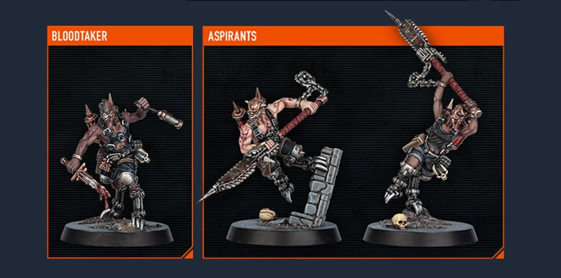 The image showcases three miniatures from the upcoming Kill Team expansion, Blood and Zeal. On the left is the Bloodtaker, a muscular figure wielding a large weapon, adorned with spikes and chains, standing on a textured base. To the right are two Aspirants, each in dynamic poses; one holds a spear while the other brandishes a weapon, both featuring intricate details and a rugged, chaotic aesthetic typical of the Goremongers. The background is dark, emphasizing the vibrant colors and details of the miniatures.
