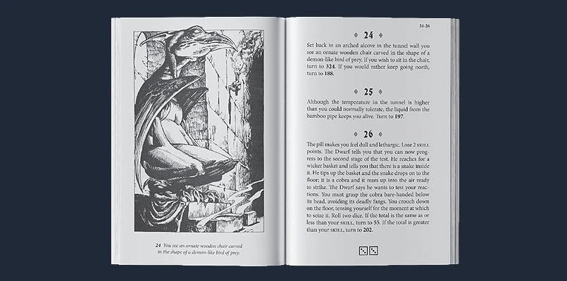 An open Fighting Fantasy book displays two pages featuring a detailed black-and-white illustration on the left. The artwork depicts a humanoid figure with avian features, seated in a wooden chair shaped like a bird of prey. The right page contains text with numbered sections guiding the reader through the adventure, with a small navigation box at the bottom. The overall layout showcases the classic design and style of the Fighting Fantasy series, emphasizing its rich storytelling and artwork.