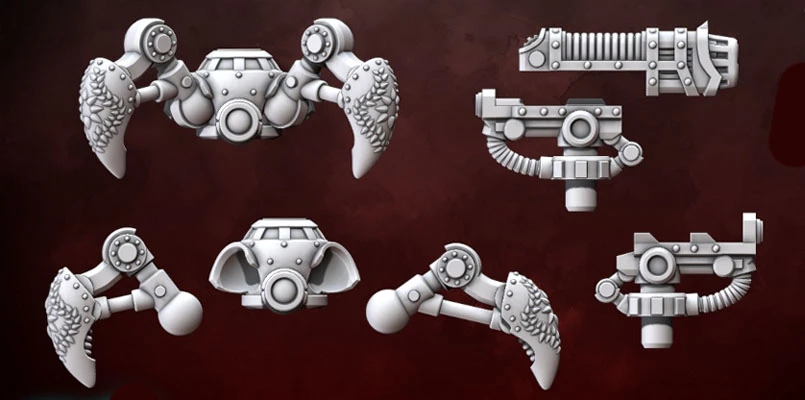 The image showcases a collection of new miniatures from Anvil Industry's Special Forces range, featuring various futuristic accessories. Prominent elements include two distinct types of robotic arms with textured surfaces, a central pod-like structure, and several weapon attachments, all rendered in a white, unpainted finish. The designs exhibit intricate details, such as mechanical joints and decorative elements, suitable for enhancing miniature figures in tabletop gaming.