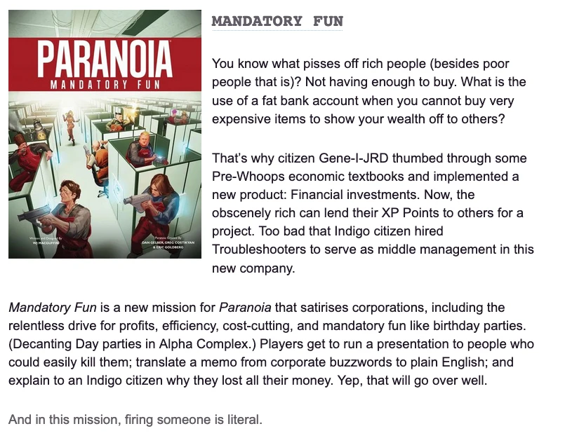 Showing the Mandatory Fun Book cover and description as shown on Roll20