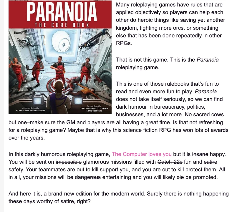 Showing the Core Rule Book cover and description as shown on Roll20