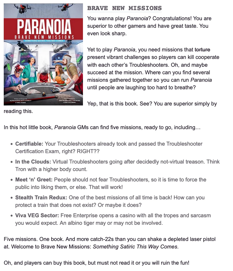 Showing the Brave New Missions Book cover and description as shown on Roll20