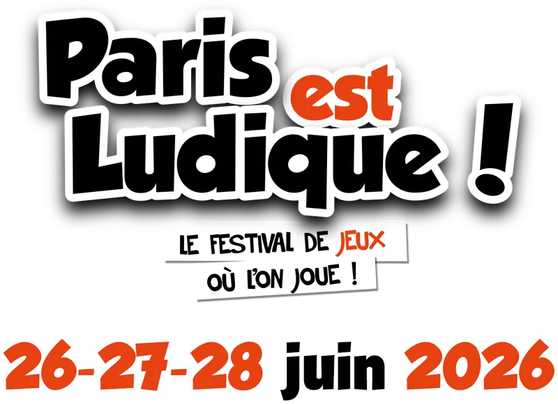 A bold and colorful graphic features the text "Paris est Ludique!" prominently at the top, with playful typography. Below, a white banner reads "le festival de jeux où l'on joue!" against a black background, emphasizing the festival's focus on games. The dates "27-28 juin 20" are displayed at the bottom, indicating the event's schedule.