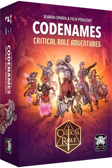 The box cover for "Codenames: Critical Role Adventures" features a vibrant illustration of several iconic characters from the Critical Role universe. In the foreground, a diverse group of adventurers is depicted, including a large, muscular character wielding a weapon, a spellcaster with glowing hands, and a character holding a lute. The background showcases a colorful sunset with silhouettes of trees and mountains, while the title "Codenames: Critical Role Adventures" is prominently displayed at the top in bold, stylized lettering.