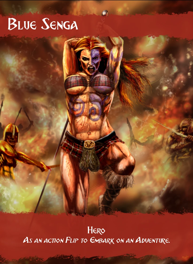 The image features a character named Blue Senga, depicted as a muscular barbarian warrior. She has long, flowing red hair and a fierce expression, showcasing a mix of tribal tattoos and war paint on her body. Senga wears a plaid boobtube and a trophy sporran, emphasizing her bold and unconventional fashion choices. The background is chaotic, filled with flames and the silhouettes of other warriors, suggesting a battle scene. The overall artwork channels a vibrant, fantasy aesthetic reminiscent of classic illustrations, with a focus on strength and intensity.