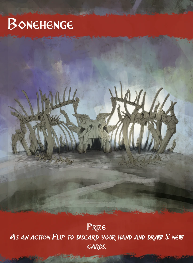 The image depicts a fantastical structure called "Bonehenge," constructed from skeletal remains. The centerpiece features a large skull, flanked by rib-like arches that create a circular formation. The color palette includes muted grays and browns, with a misty background that transitions to shades of purple and blue, enhancing the eerie atmosphere. The overall design evokes a sense of ancient, otherworldly significance, fitting for a setting in a barbarian-themed game.
