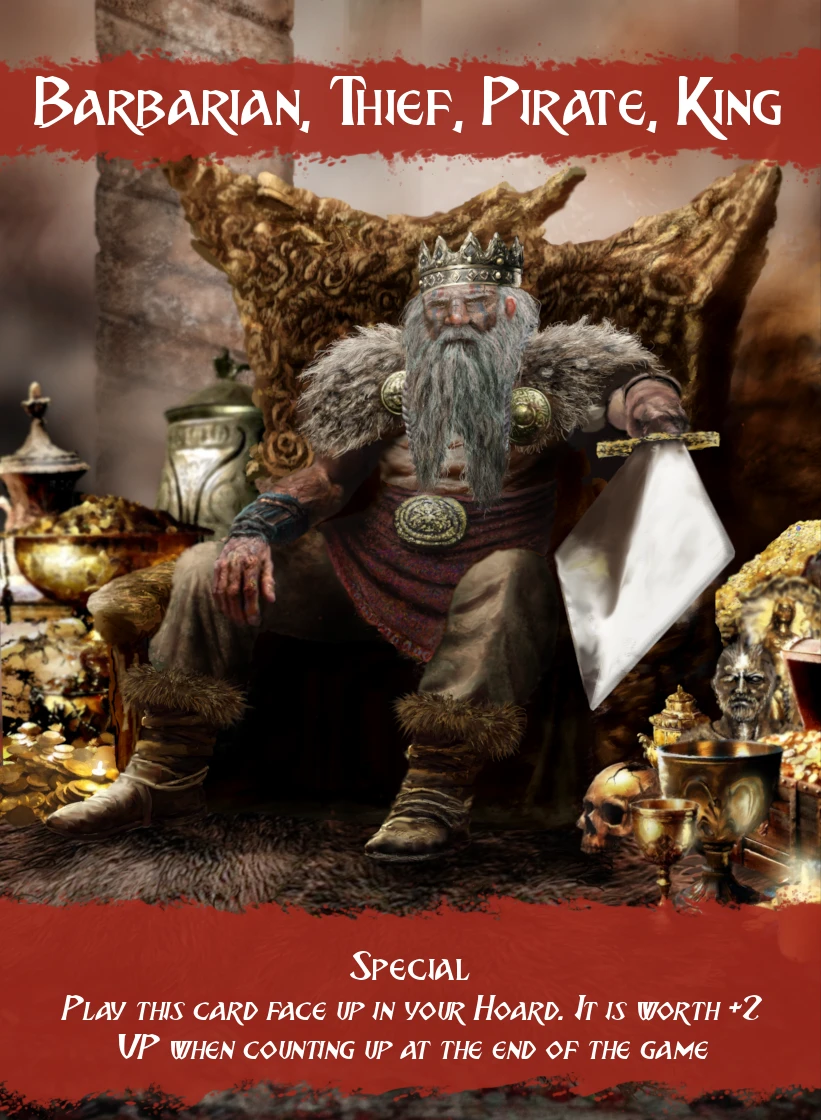 The image features a card from the game "Barbarity," showcasing a muscular, bearded barbarian seated on a throne-like chair. He wears a fur cape and a decorative belt, holding a large, gleaming sword in one hand. Surrounding him are various treasures, including ornate goblets and gold coins, creating a lavish hoard. The card's bottom section is marked with a red banner that reads "Special," detailing its gameplay effect. The overall artwork reflects a blend of fantasy elements, emphasizing strength and opulence.