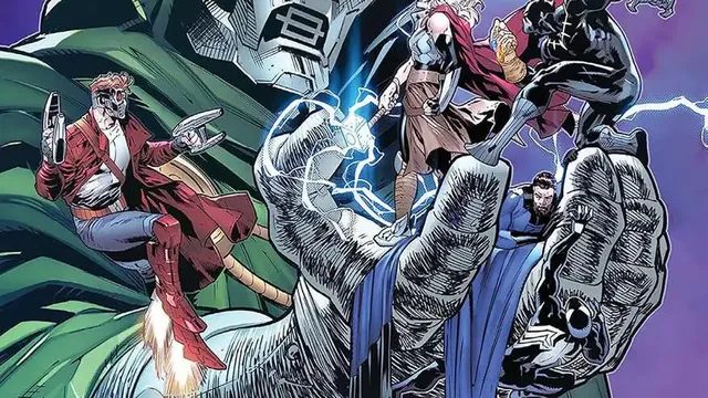 Doctor Doom holding energy, with Rocket Raccoon, Thor, Black Panther, and others. Text: SECRET WARS.