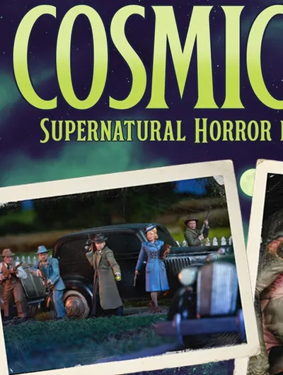 The image features the title "COSMIC HORROR" prominently at the top, with the subtitle "Supernatural Horror in Miniature" below it. Surrounding the title are several vintage-style photographs depicting scenes from the game: a group of characters, including men in suits and a woman in a blue dress, stand near a classic car, while monstrous entities loom in the background. The overall color scheme is dark and atmospheric, evoking a sense of mystery and horror typical of the 1930s Cthulhu Mythos.