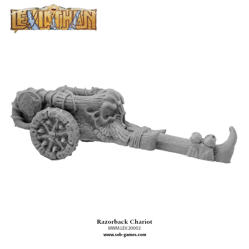 A detailed model of a Razorback Chariot, featuring a skeletal design with intricate textures and a pair of large wheels. The chariot is adorned with various organic and bone-like elements, emphasizing its barbaric aesthetic. The image is presented in a monochromatic grey, highlighting the sculpting details, with the Leviathan logo and product information displayed at the top and bottom.