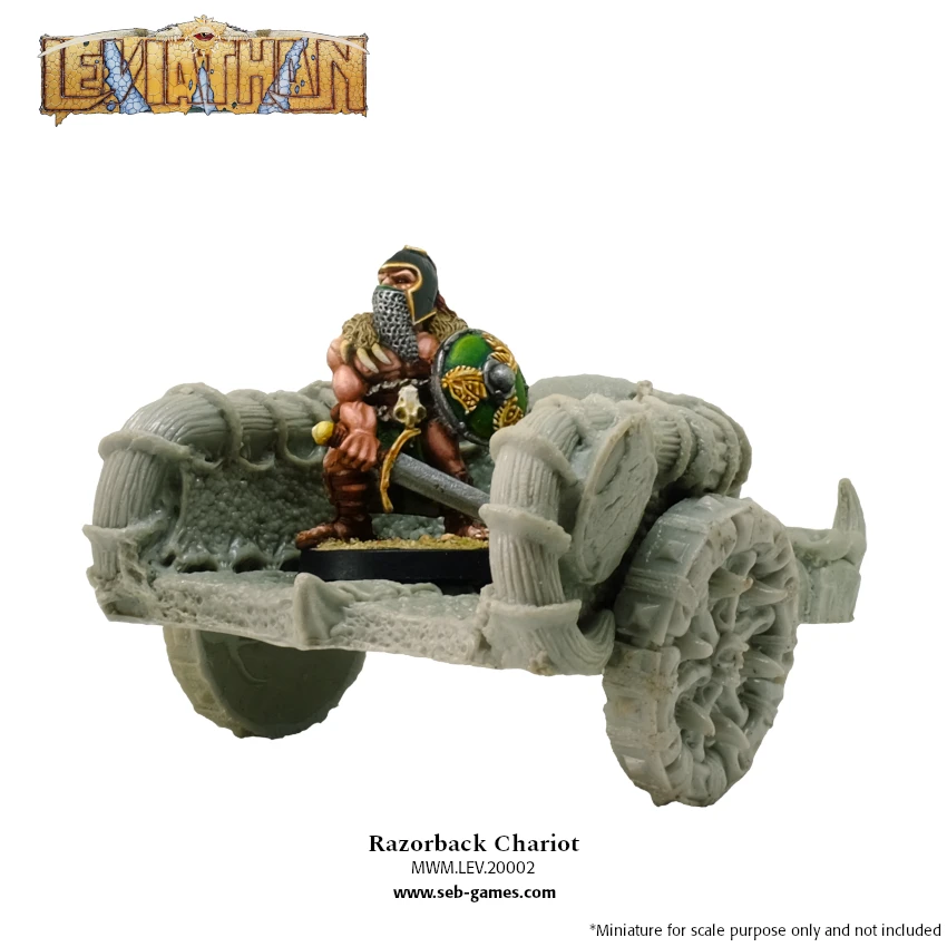 A Razorback Chariot is depicted, featuring a detailed sculpt of a charioteer holding a sword, dressed in armor with a shield. The chariot itself has a rugged design, with large, textured wheels and a sturdy frame, suggesting a robust construction suitable for battle. The image includes the text "Razorback Chariot" and a note indicating that the miniature is for scale purposes only and not included.